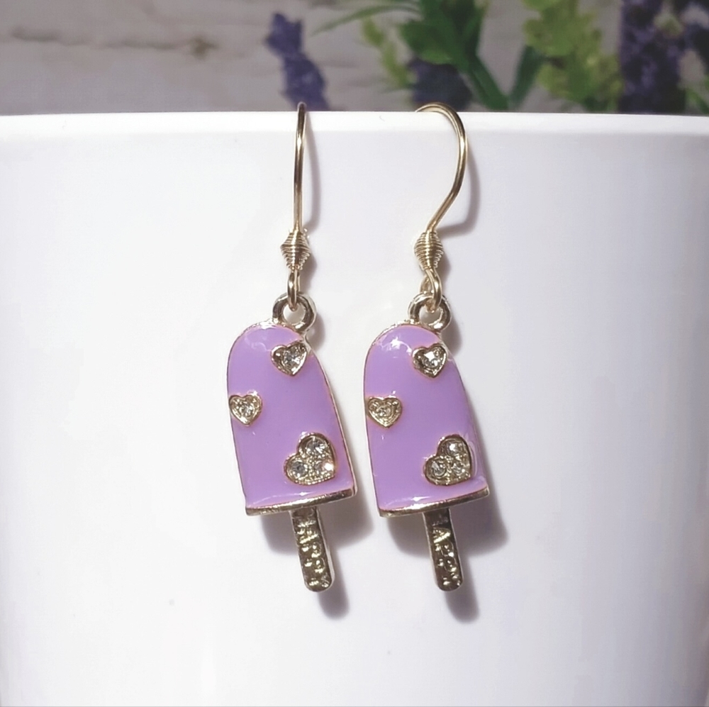 Purple Ice Cream Bar Dangle Hook Earrings with Jewels